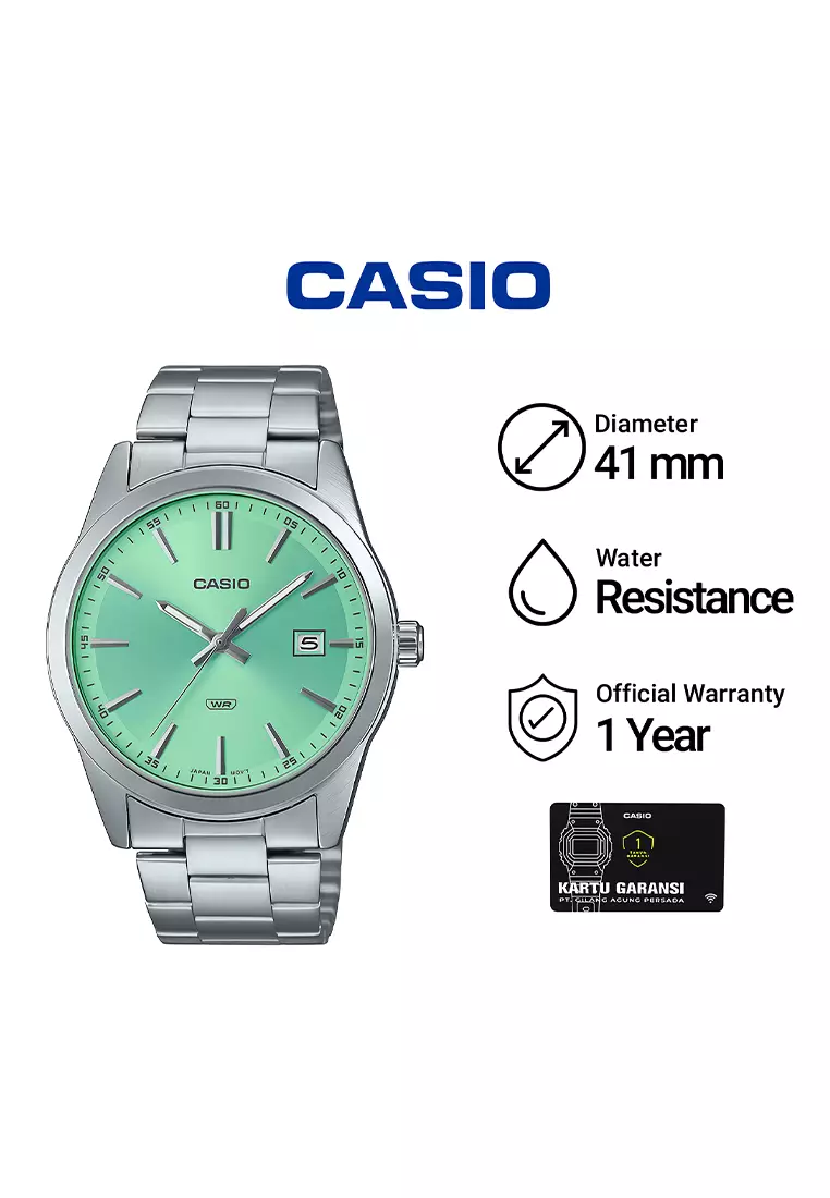 Jam Tangan Analog Pria Casio MTP-VD03D-3A2 Silver Green Dial - Stainless Steel