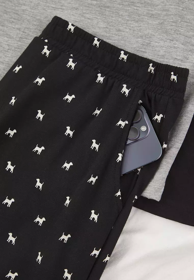Black-Gray Regular Fit Raglan Sleeve Dog Embroidered Button-Down Collar Knitted Pajama Set