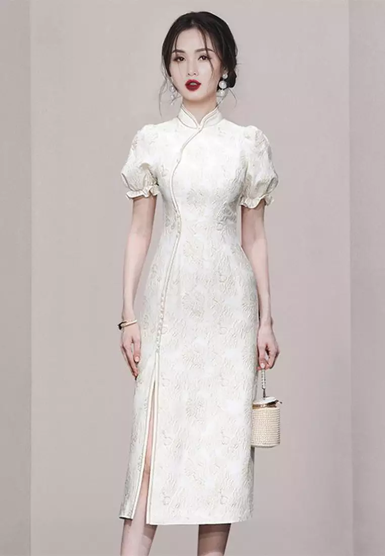 Buy Sunnydaysweety Stylish stand up collar puff sleeve slit