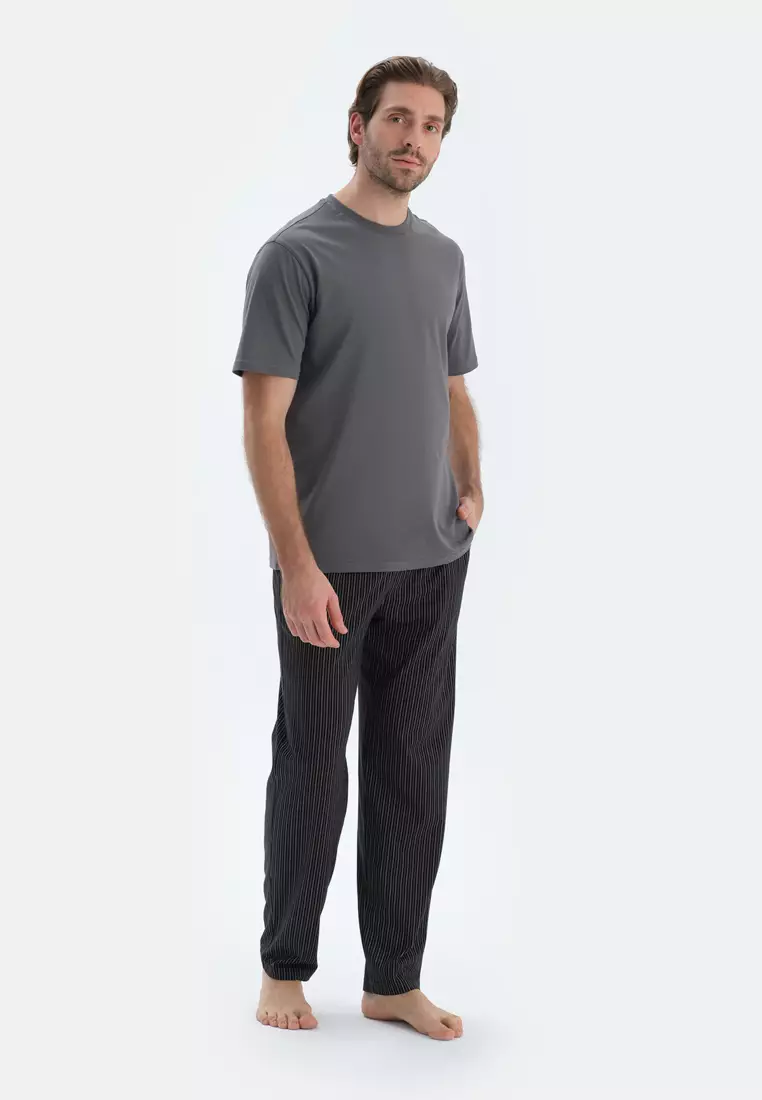 Black Trousers, Striped, Regular, Long Leg, Sleepwear for Men