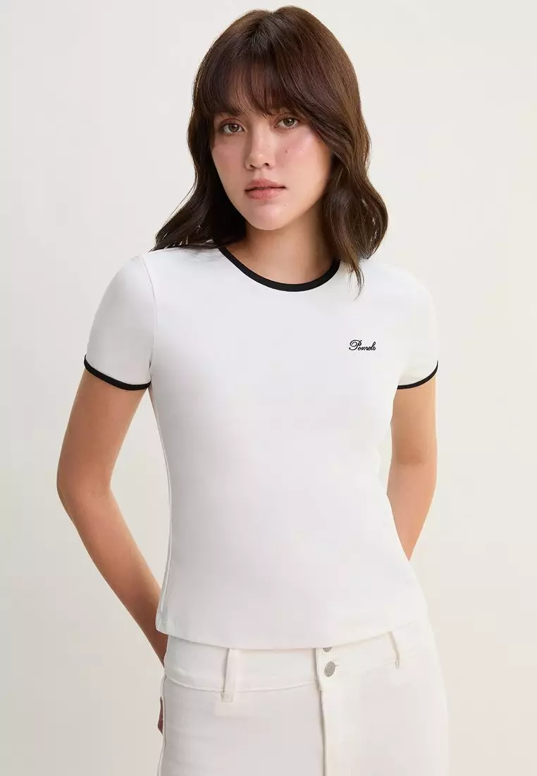 Contrast Trim Fitted Tee - Off-White