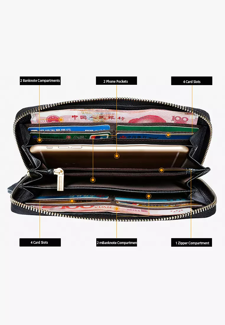 Plain Weave Genuine Leather Zipper Clutch Purse Long Wallet