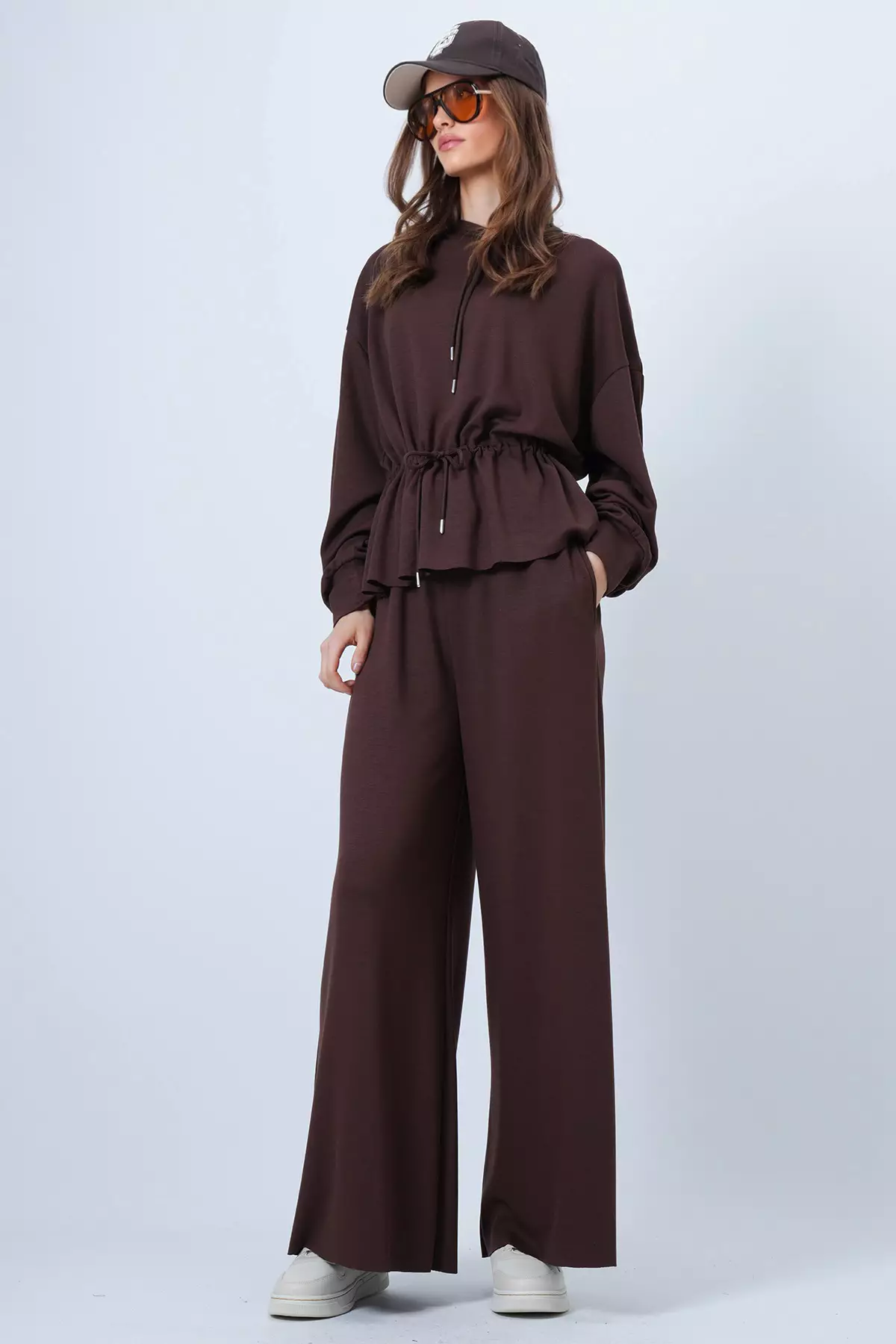 Bitter Brown Hooded Drawstring Waist Modal Blouse And Pants Set Alc-X14668