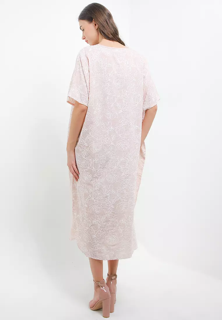 V Neck Crochet Lace Detail Full Embroidery Kaftan