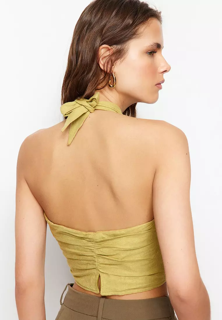Oil Green Halter Neck Gathered Back Cotton Linen Crop Woven Blouse TWOSS24BZ00238