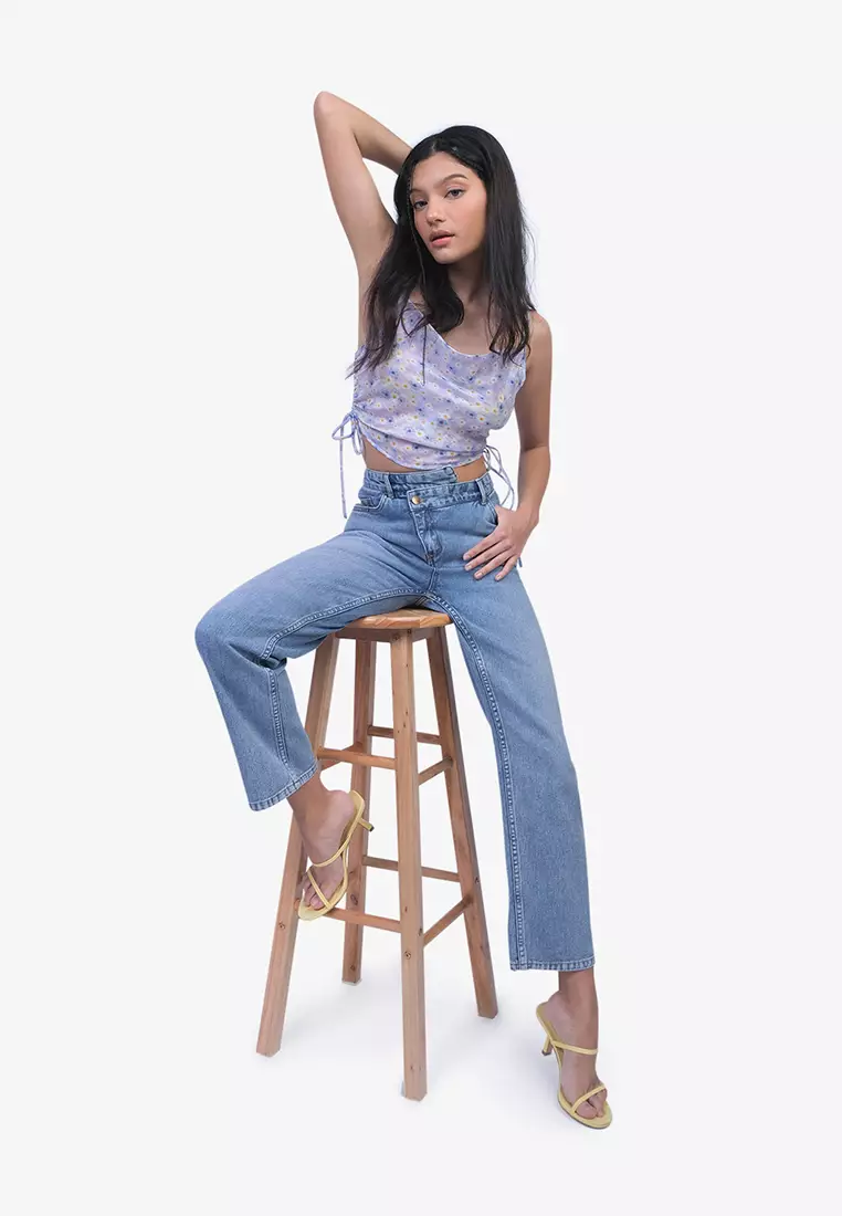 Daisy Print Cowl Neck Crop Top