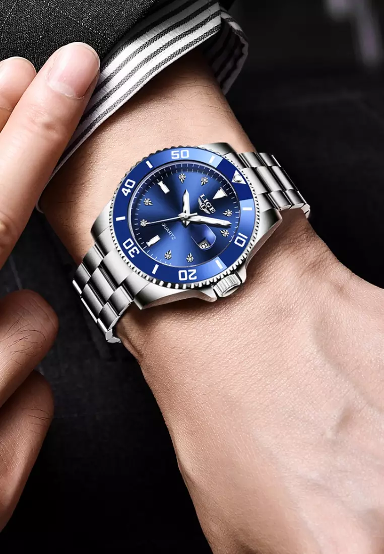 Unisex Classic Diver's Stainless Steel Quartz Watch, Stainless Steel Bracelet