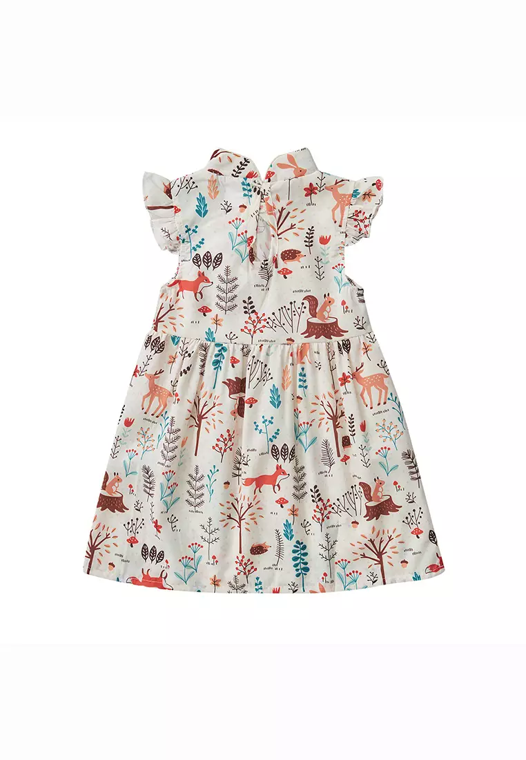 女童印花漢服唐裝褶邊袖裙狐狸森林新年拜年衣服