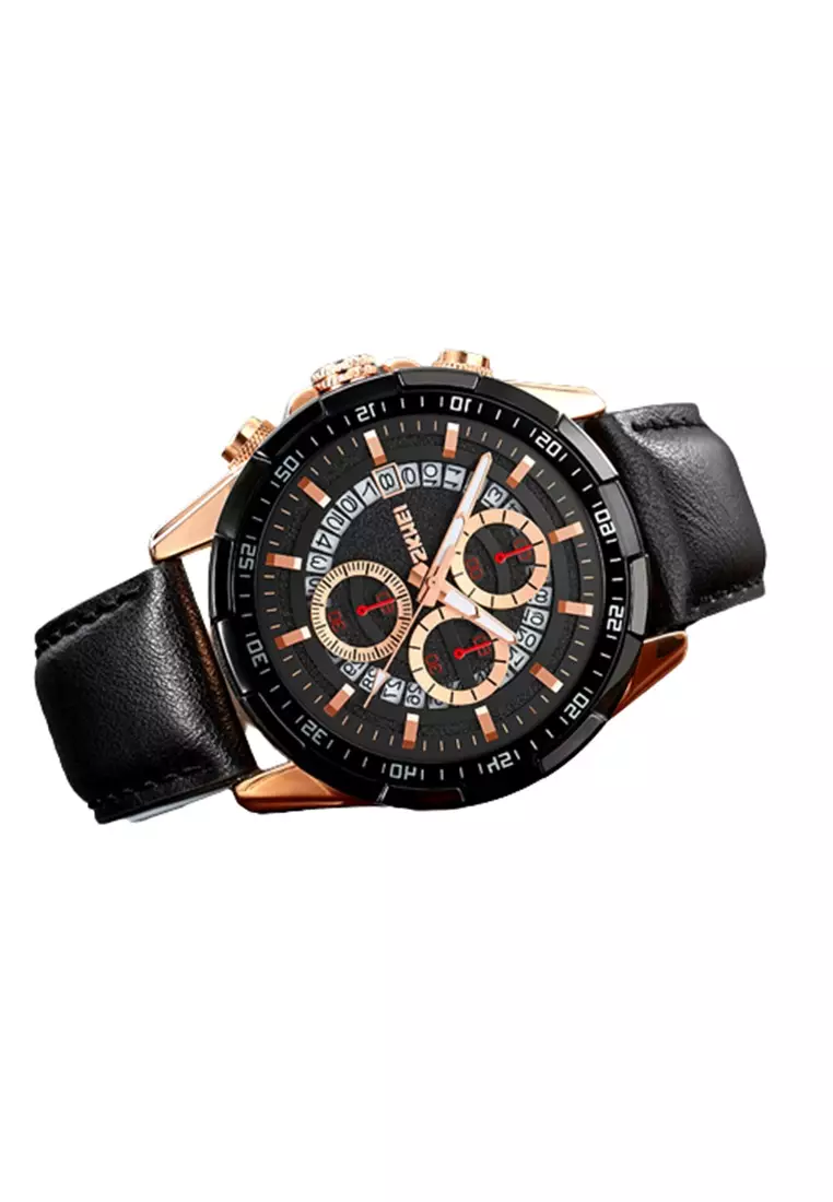 Jam Tangan Pria Sporty Quartz Movement Waterproof Stopwatch - 9312 - Rose Gold/Black