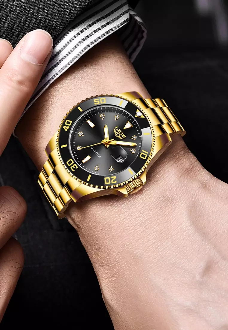 Unisex Classic Diver's IP Gold Stainless Steel Quartz Watch, IP Gold Stainless Steel Bracelet