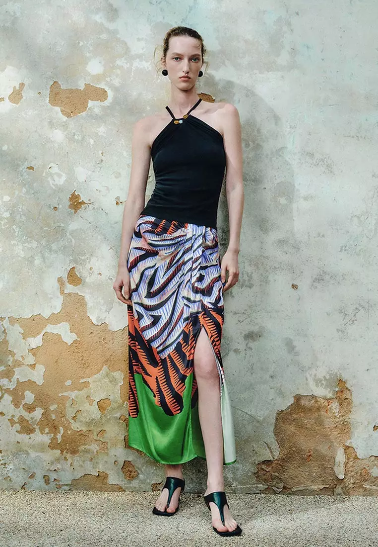 High Waist Tropical Print Wrap Maxi Skirt
