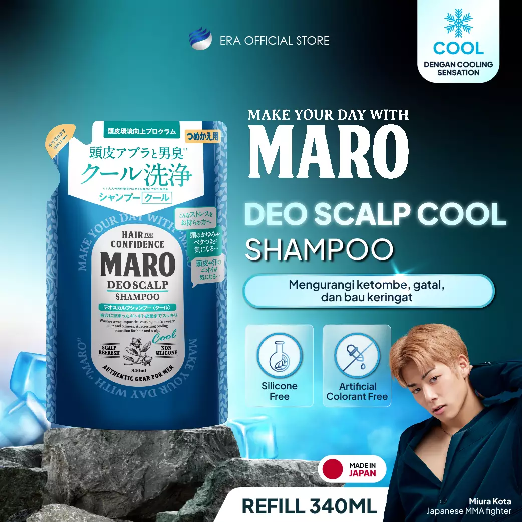 MARO Deo Scalp Shampoo Cool REFILL 340ml - Shampoo Pria Sensasi Cooling Untuk Rambut Ketombe, Gatal, Berminyak