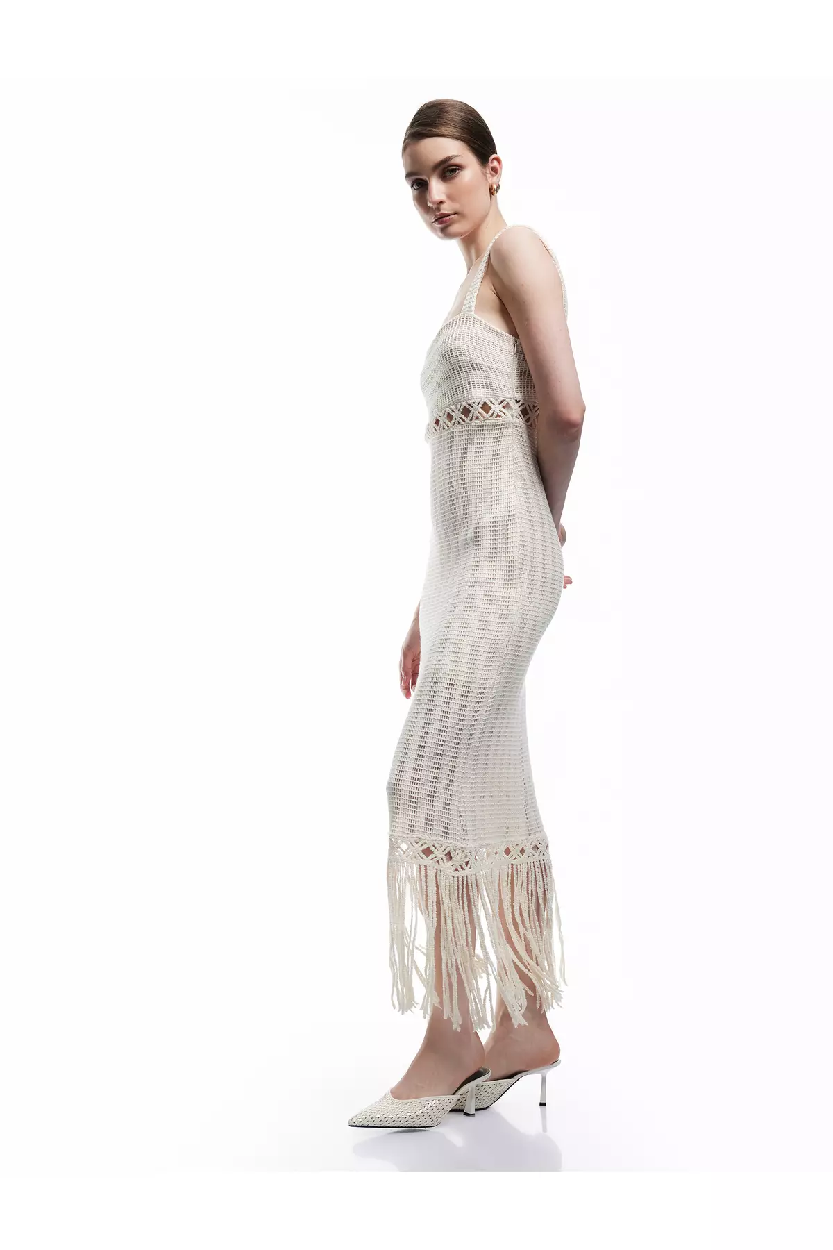 Slim Fit Square Neck Openwork Midi Length Crochet Dress With Tassels Straps