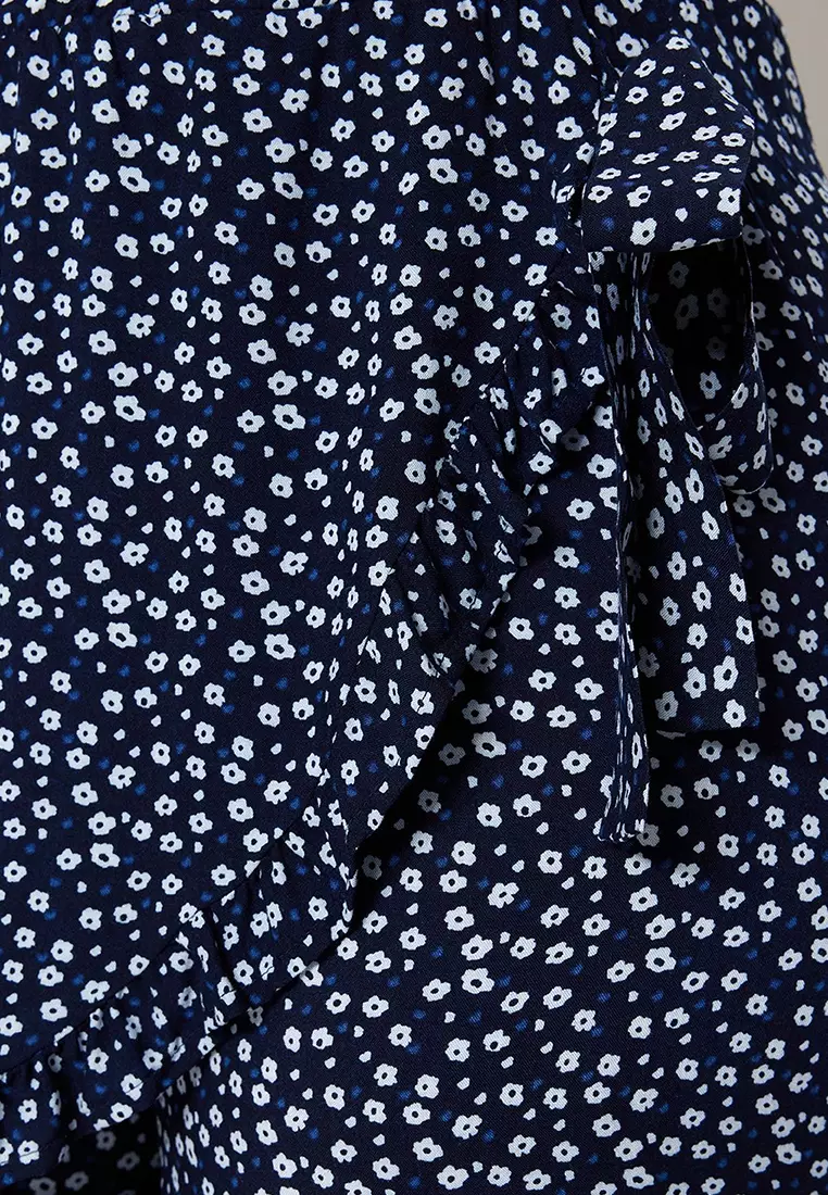 Navy Blue Floral Patterned Woven Tie Shorts Skirt TBBSS22SR0164