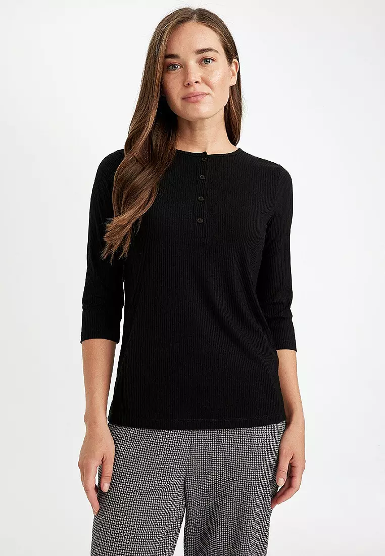 Regular Fit Crew Neck Ribbed Camisole Buttoned Half Sleeve Basic Plain T-Shirt