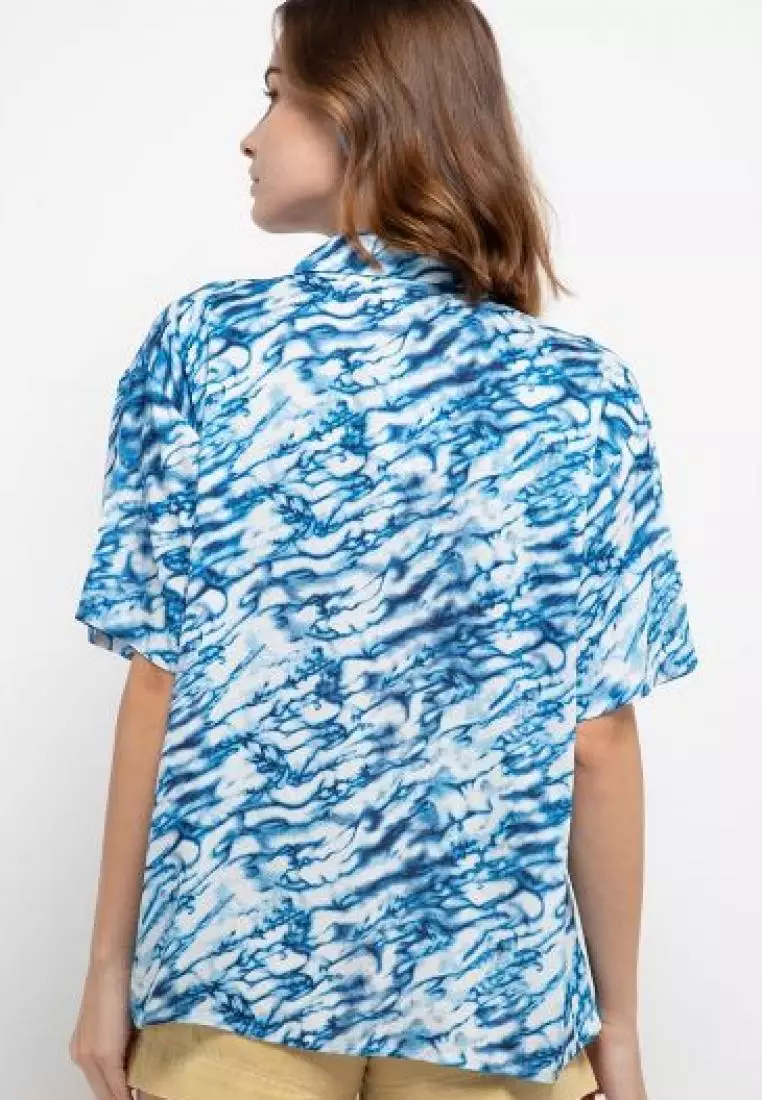 Nade FTA38 VCS Ladies kemeja rayon tie dye marmer kerah 2-in-2 kemeja piyama wanita biru