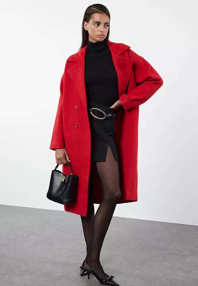 Red Oversize Wide Cut Long Wool Cashmere Coat TWOAW21KB0038
