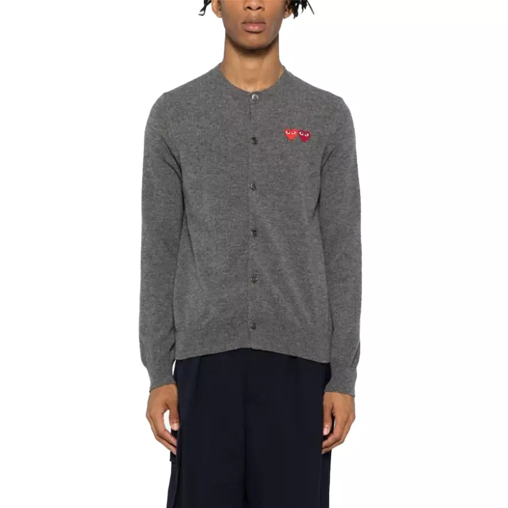 Play Signature Double Heart Patch Wool Cardigan Grey