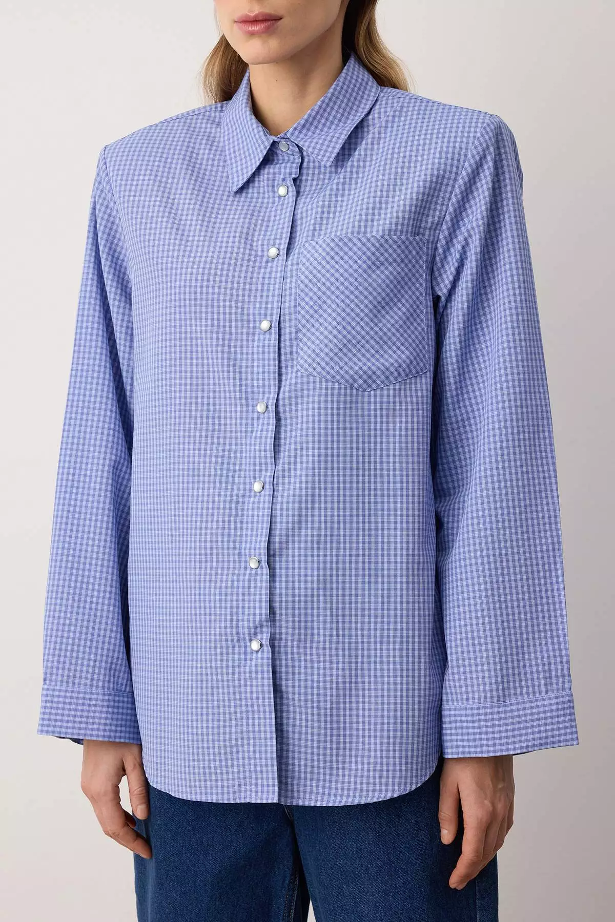 Blue Checkered Shoulder Pad Pack Wide Cuff Oversized Shirt Twoaw26Go127