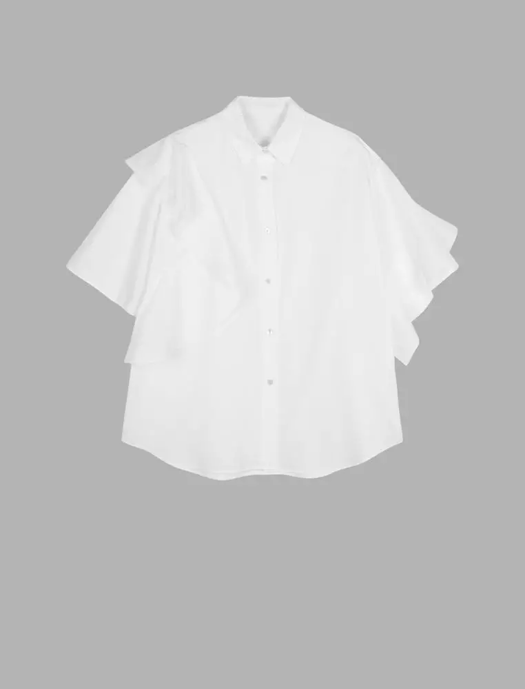 Ruffle Trim Polo Collar Short Sleeve Shirt