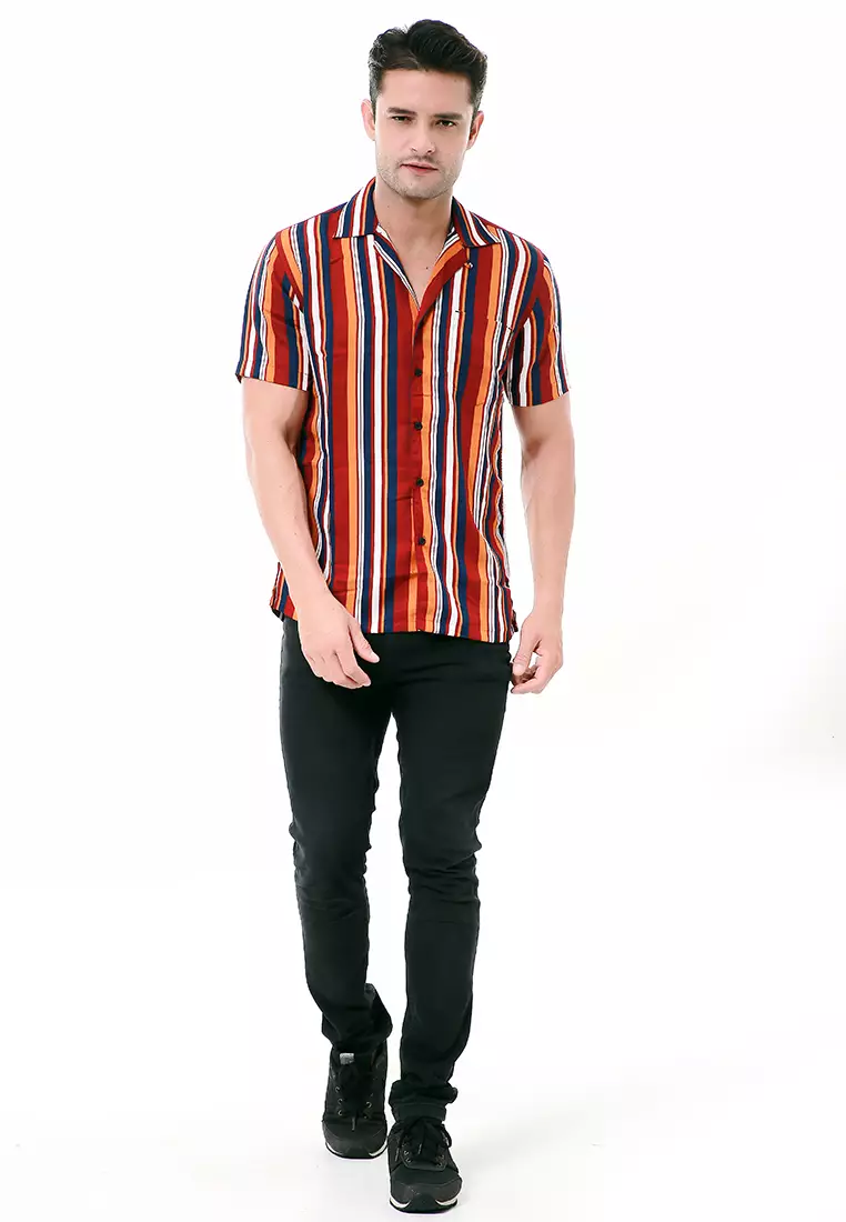 Leopold Atasan Pria Kemeja Motif Salur Lengan Pendek Material Cotton ORIGINAL - Maroon Yellow