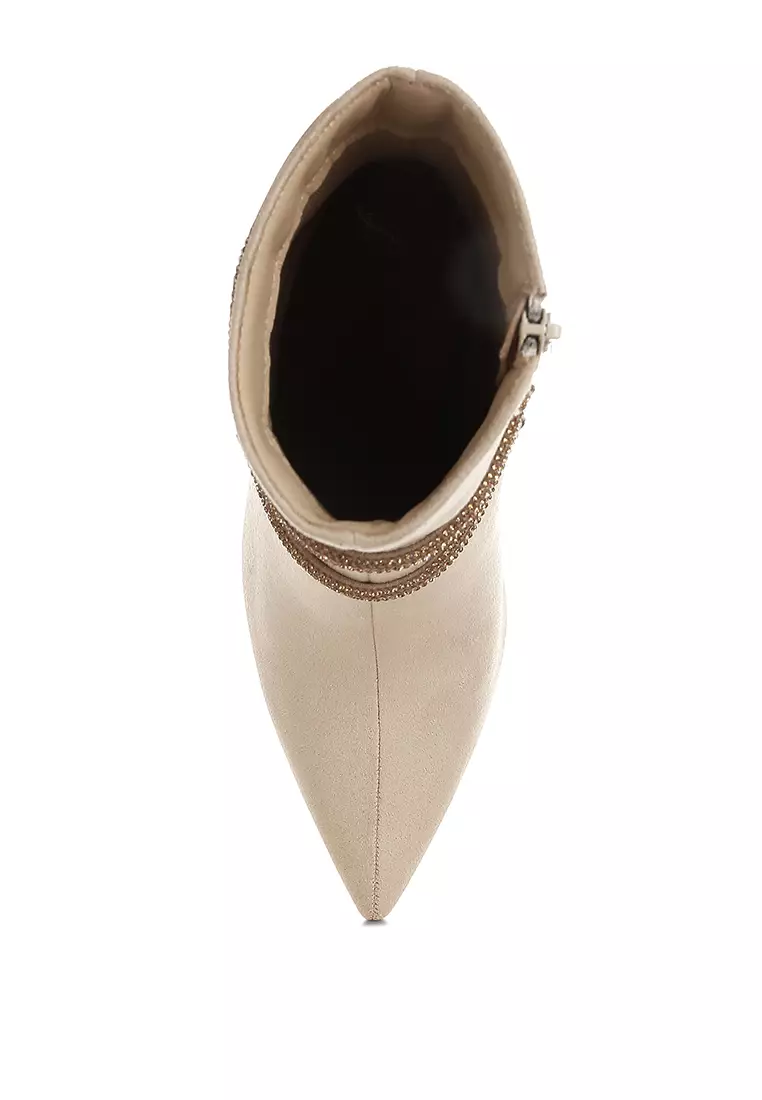 Rhinestone Wrap-Around Stiletto Boots in Beige