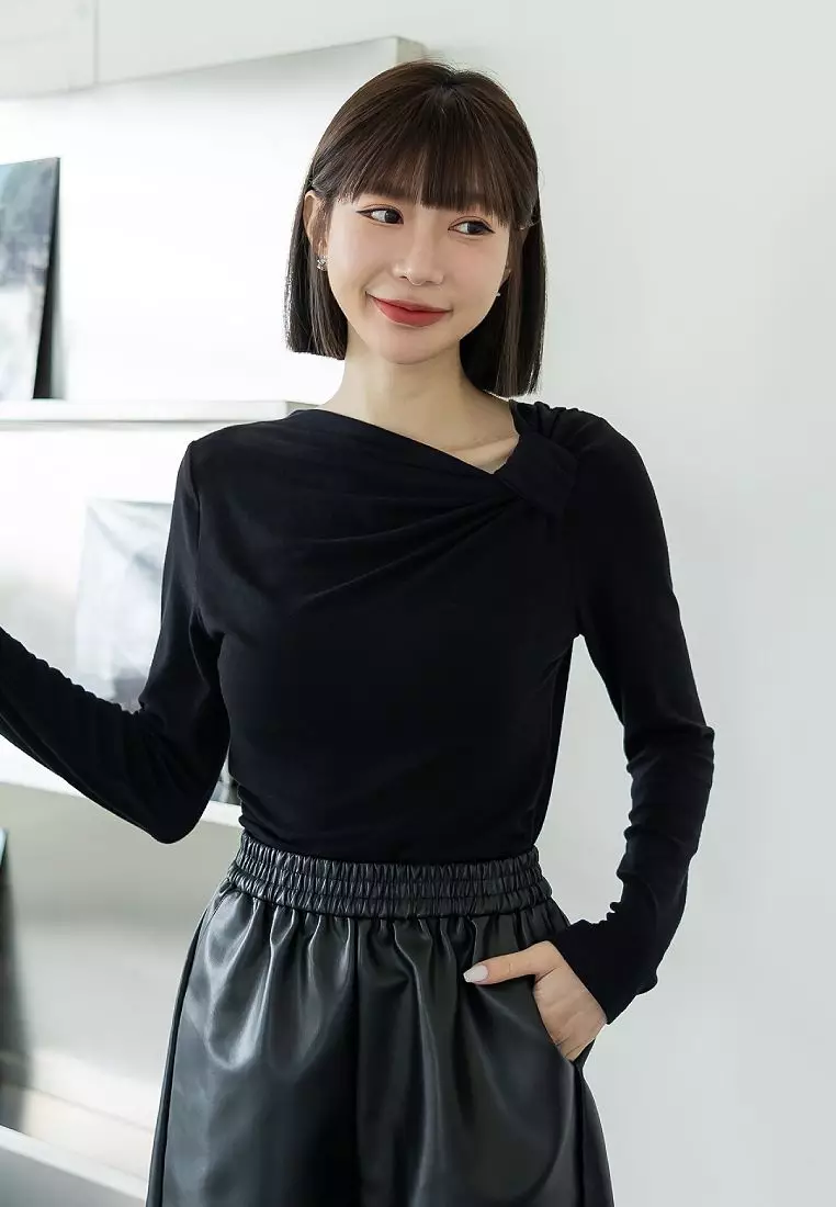 Solid Fit Long-Sleeve Top with Gathered Waist and Ruched Neckline [AB19958]