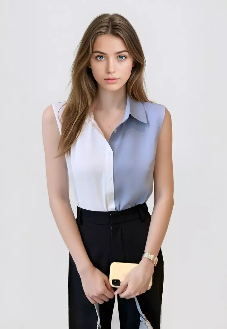 撞色背心無袖襯衫