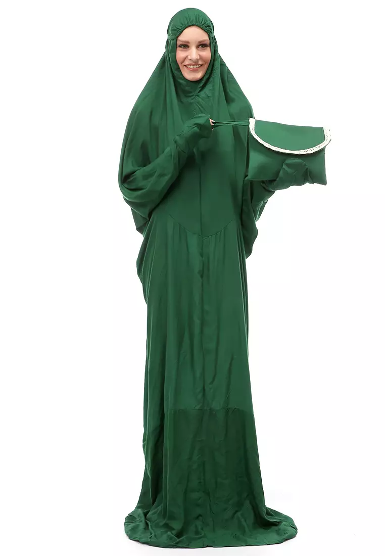 Karina Mukena Terusan Simple Muslimah Wanita Motif Polos Relaxed Fit - Hijau Botol