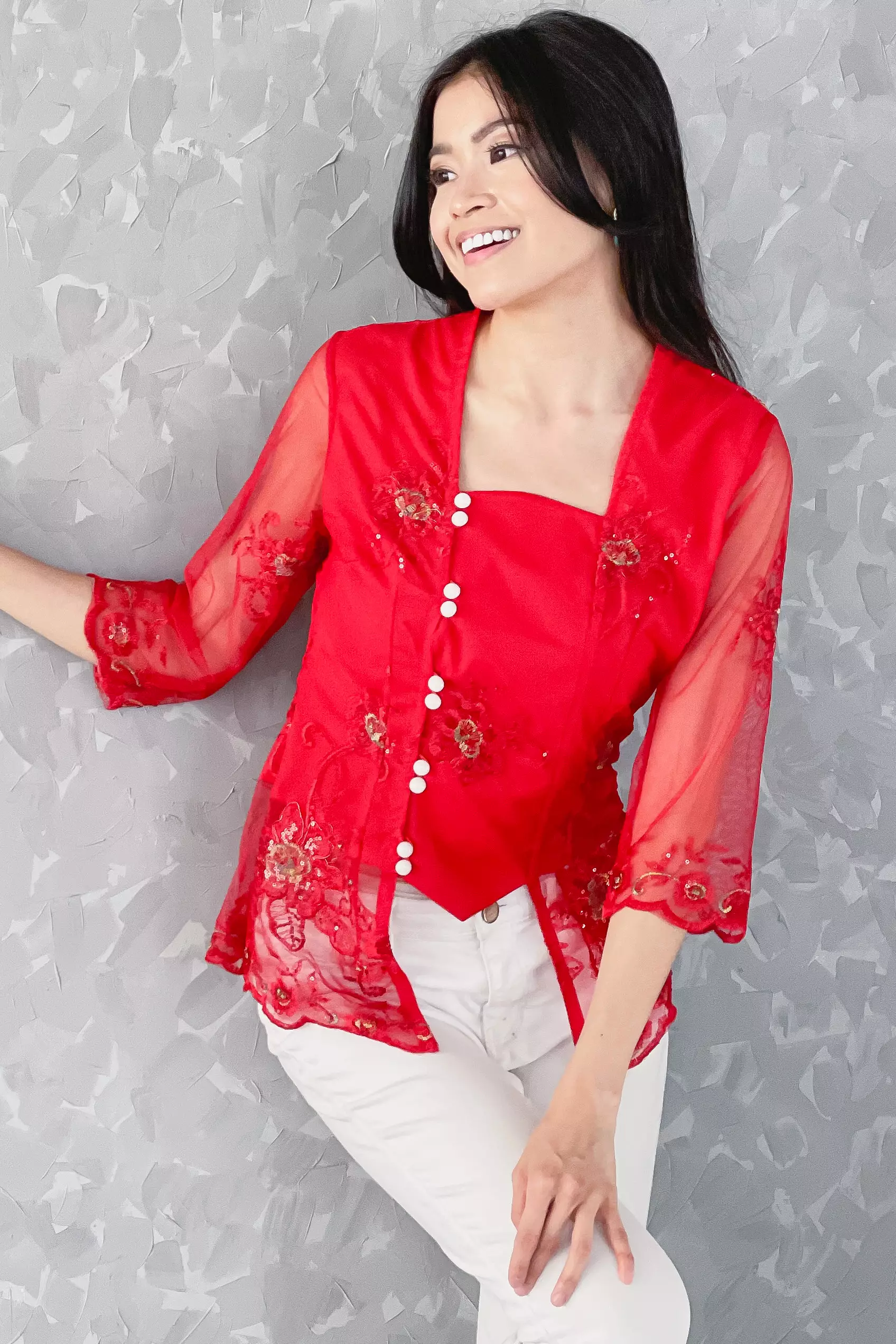 Sinok Brukat Merah Kunokuni Kebaya