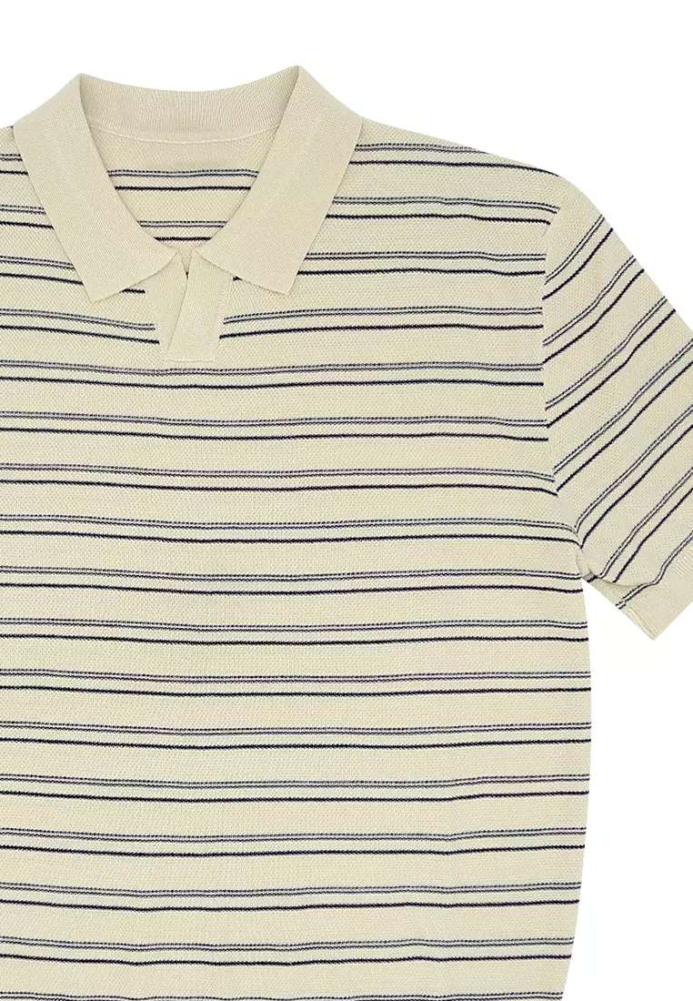 Men's Stripes Knit Poloshirt - Beige/Deep Blue