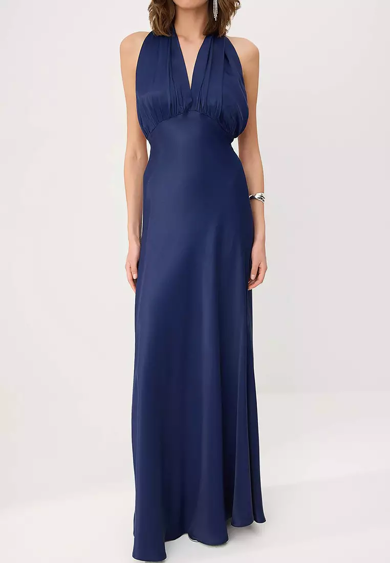 Navy Blue Halter Neck Tie-Detail Satin Maxi Evening Dress & Graduation Dress