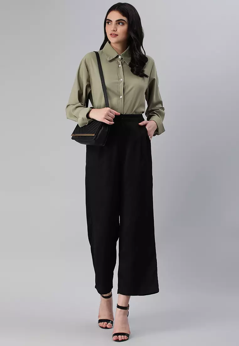 Sage Green Basic Long Sleeved Collared Shirt