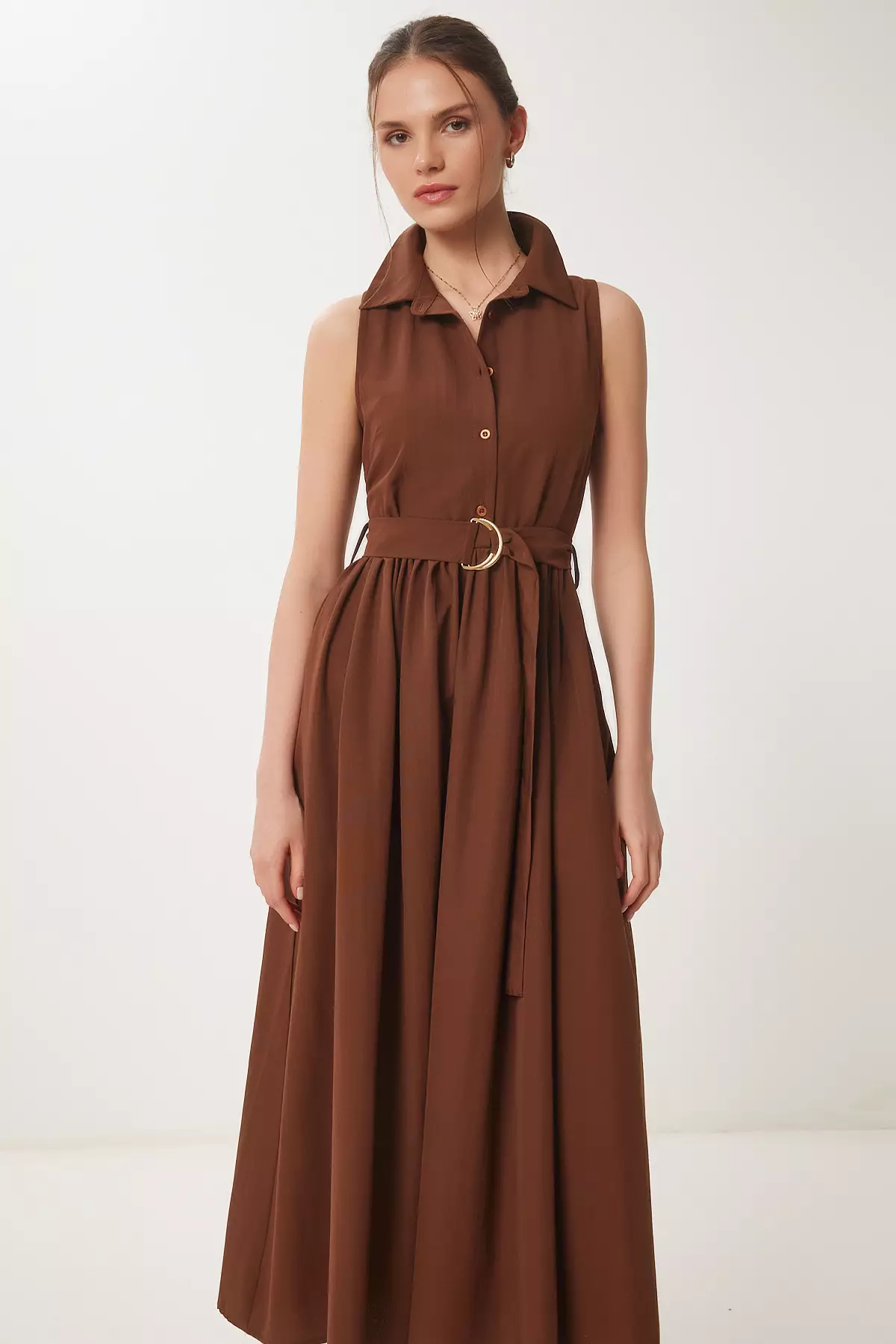 Women's Brown Belted Poplin Midi Shirt Dress Ub00354