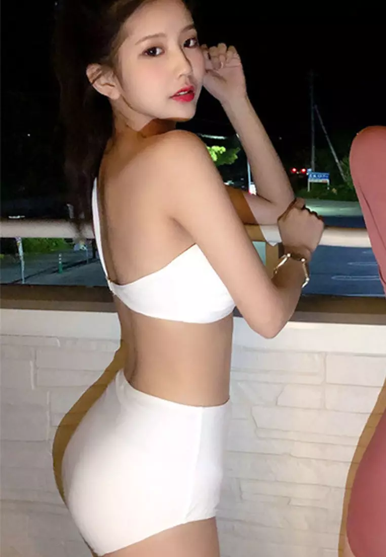 Slant Shoulder Split High Waist Two Piece Swimsuit CA071701RD