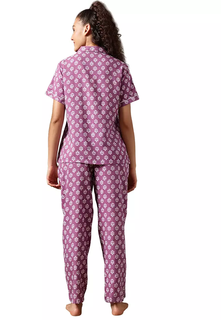 Clovia Floral Print Button Down Night Suit in Aubergine Colour - Rayon