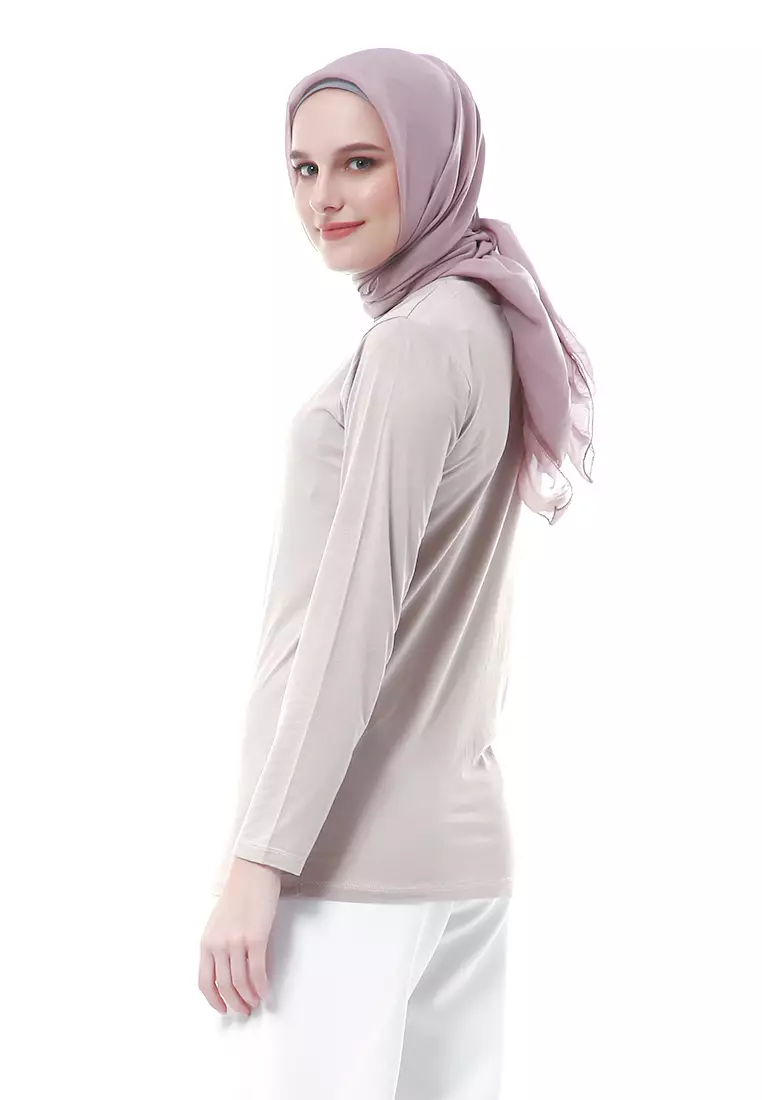 Zlora Manset Atasan Wanita Motif Polos Long Sleeve Reguler Fit - Warm Grey