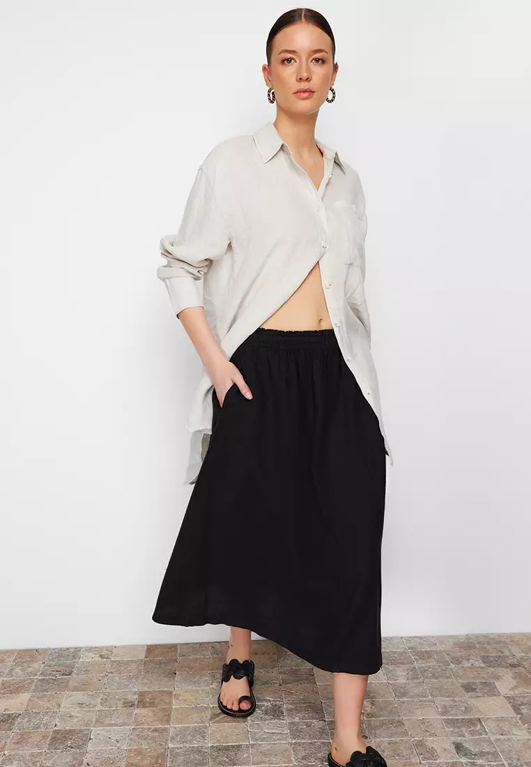Linen Elastic Midi Skirt