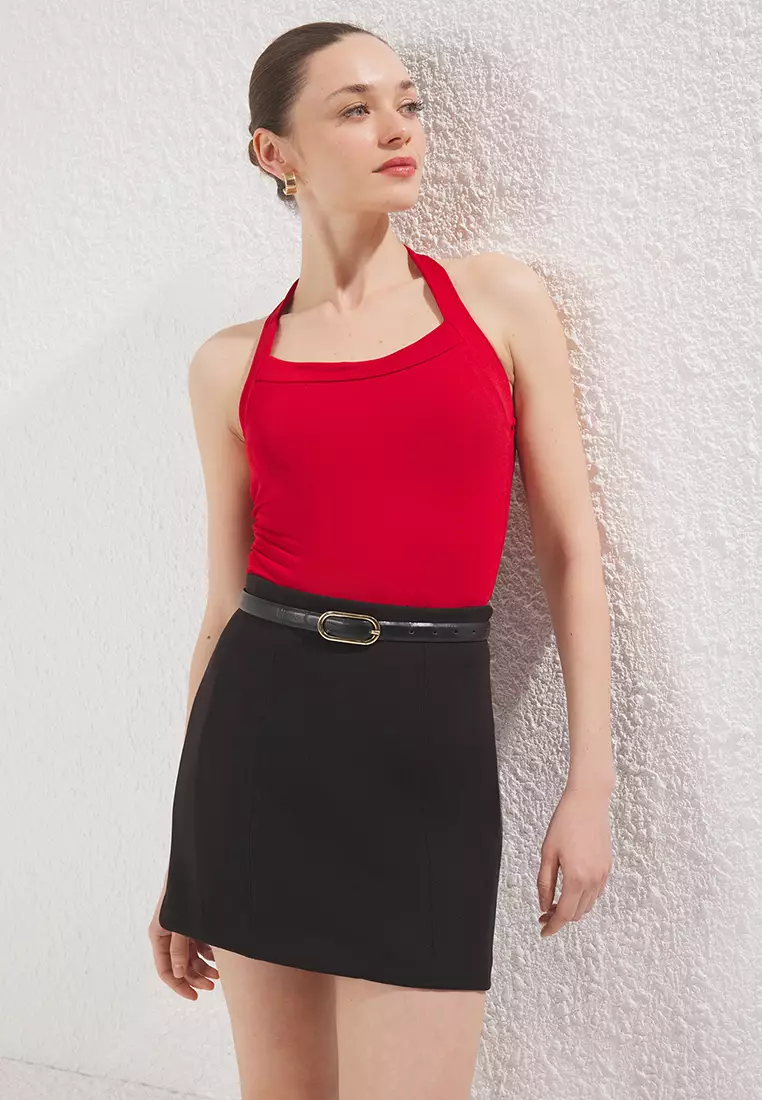 Red Square Neck Slim Halter Knitted Bodysuit TWOSS25BD00019