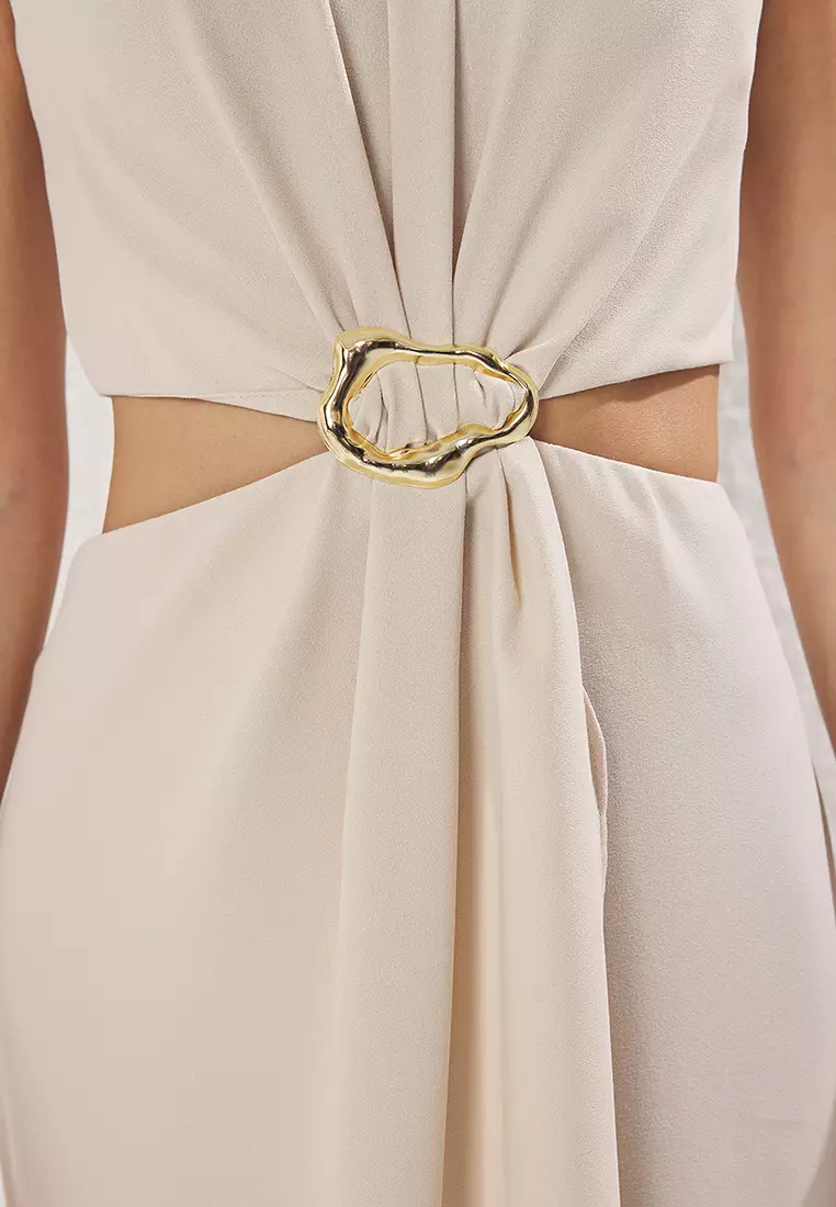 Beige A-Line Cut Out and Accessory Detailed Maxi Woven Crepe Dress TWOSS25EL00017