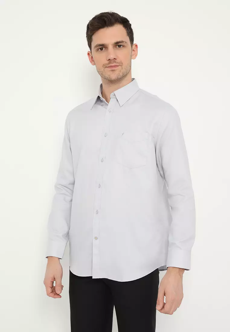 Jobb Brioni Kemeja Pria Lengan Panjang Regular Fit Abu-Abu