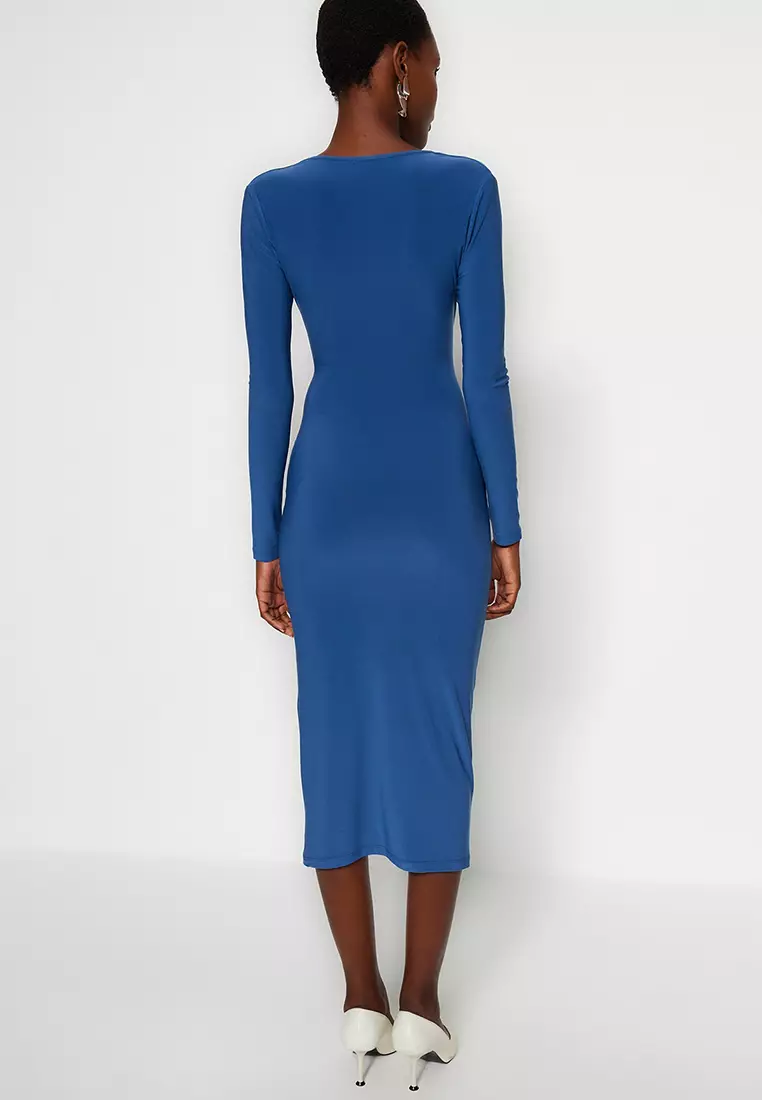 Fitted V-Neck Ruched Midi Dress