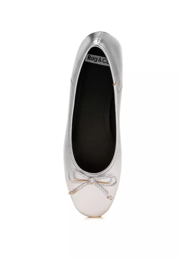 Bow Detail Metallic Ballerinas in Silver