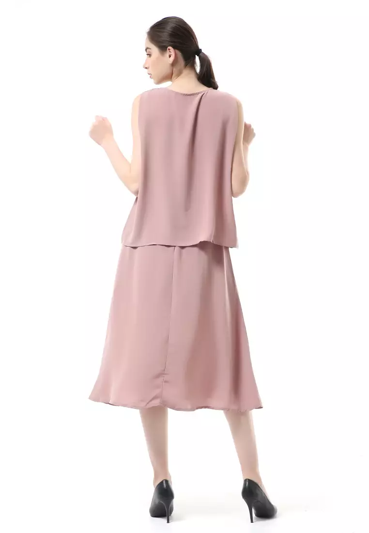 Nayra Set Atasan Wanita Setelan Tanpa Lengan with Long Skirt Motif Polos Material Chiffon Cathy ORIGINAL - Rose