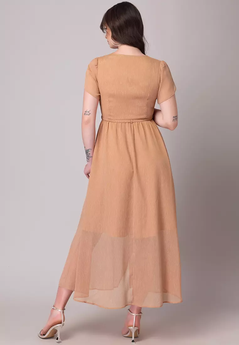 Peach V-Neck Maxi Dress With Embellished Belt