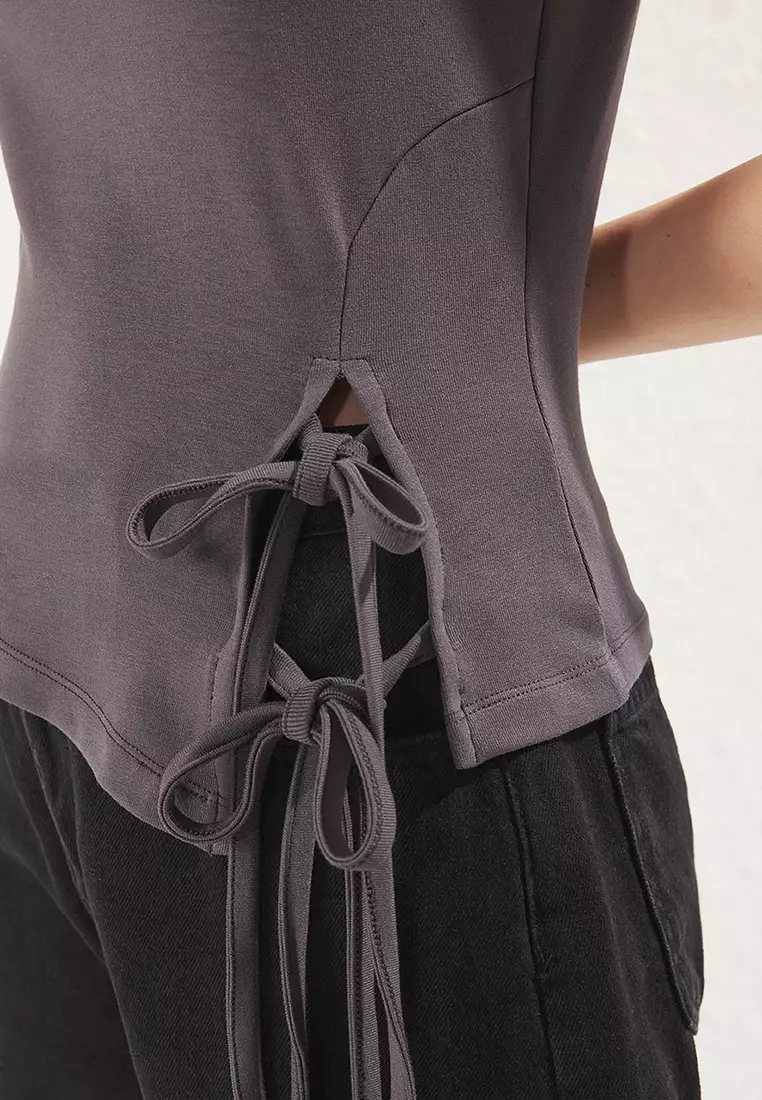 Anthracite Fitted Binding Detail Stretchy Knitted Blouse