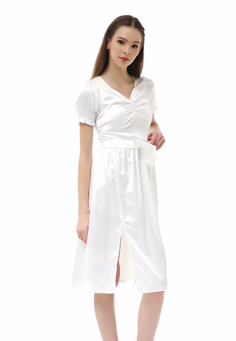 Rachel Dress Wanita Model Belah Samping Lengan Kerut Material Satin ORIGINAL - White