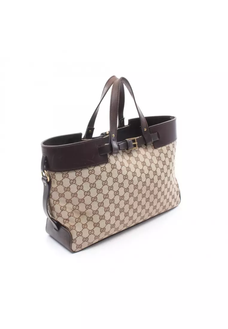 Pre-Loved Gucci GG canvas Handbag tote bag canvas leather beige Dark brown