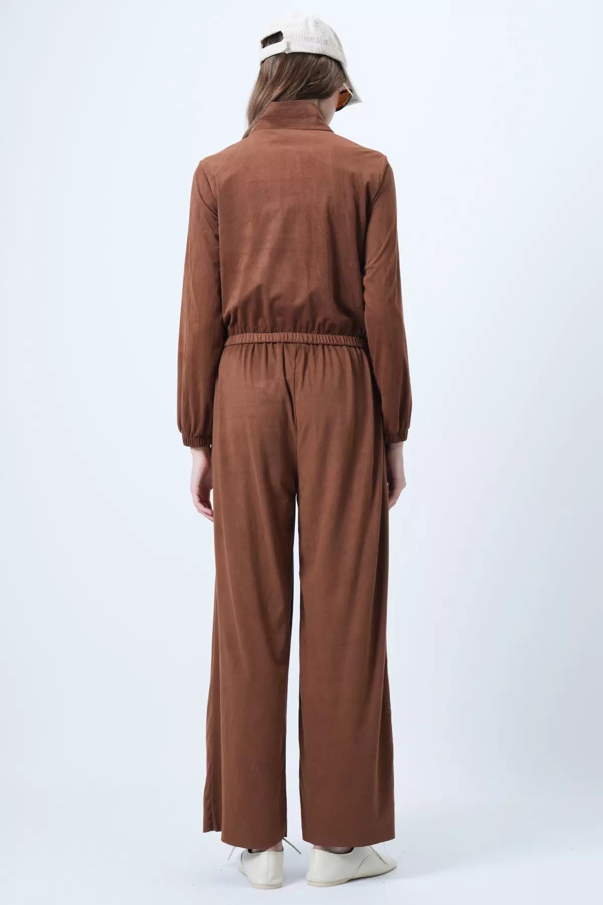 Women'S Tan Stand Collar Zippered Soft Textured Suede Jacket And Double Pocket Pants Suit Alc-X14445