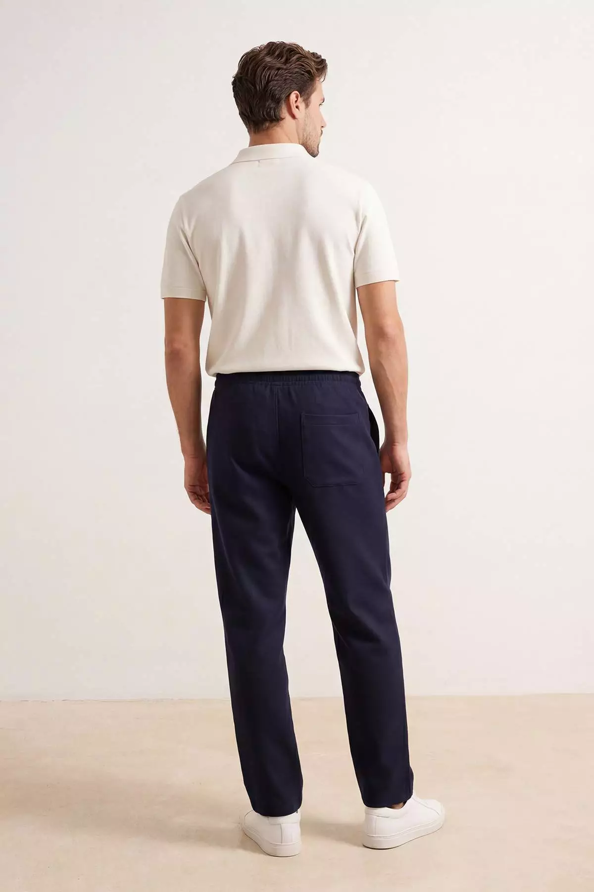 Navy Blue Linen Look Belted Men'S Trousers Tmnss26Pl00007